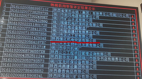 陜煤建設(shè)機(jī)電安裝公司：榮獲2018年納稅信用“A”級企業(yè)