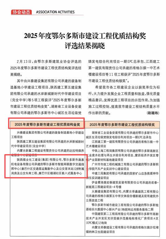 喜報(bào)！陜煤建設(shè)內(nèi)蒙古分公司雙項(xiàng)目獲評鄂爾多斯市優(yōu)質(zhì)結(jié)構(gòu)金獎(jiǎng)